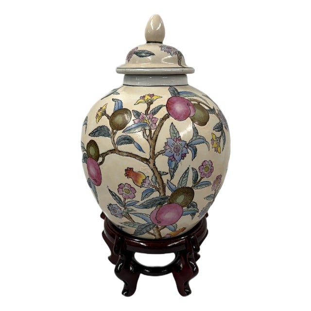 Vintage Chinese Wbi Hand-Painted Famille Rose Peach Ginger Jar & Lid W/Stand For Sale