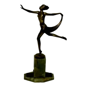 Original Art Deco Bronze Sculpture Dancing Graceful Lady by Josef Lorenz Circa 1925 on Onyx Plinth