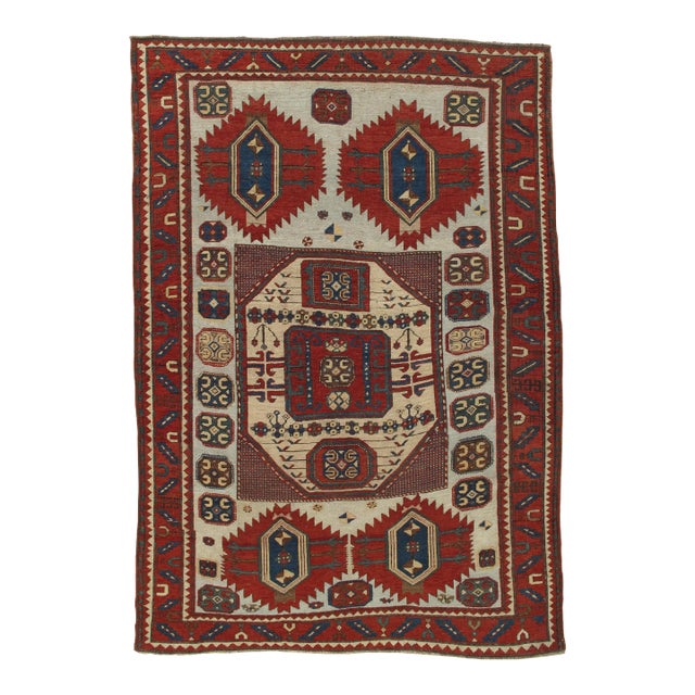 Antique Karachov Kazak Carpet, Handmade Wool, Pale Blue, Rust, Ivory, Geometric For Sale