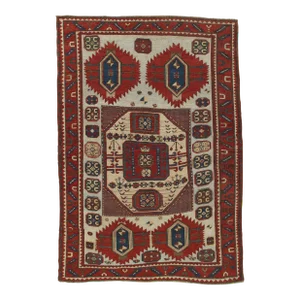 Antique Karachov Kazak Carpet, Handmade Wool, Pale Blue, Rust, Ivory, Geometric