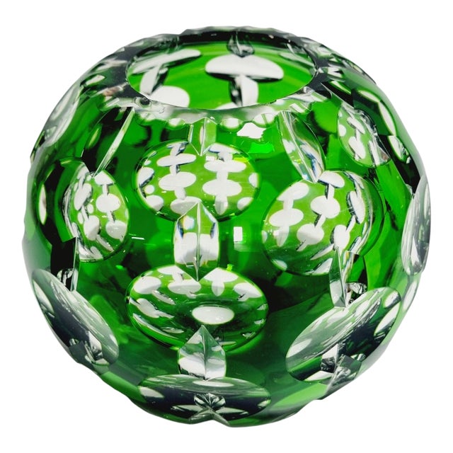 Vintage Emerald Green Cut-to-Clear Lead Crystal Sphere Vase, 1970s For Sale