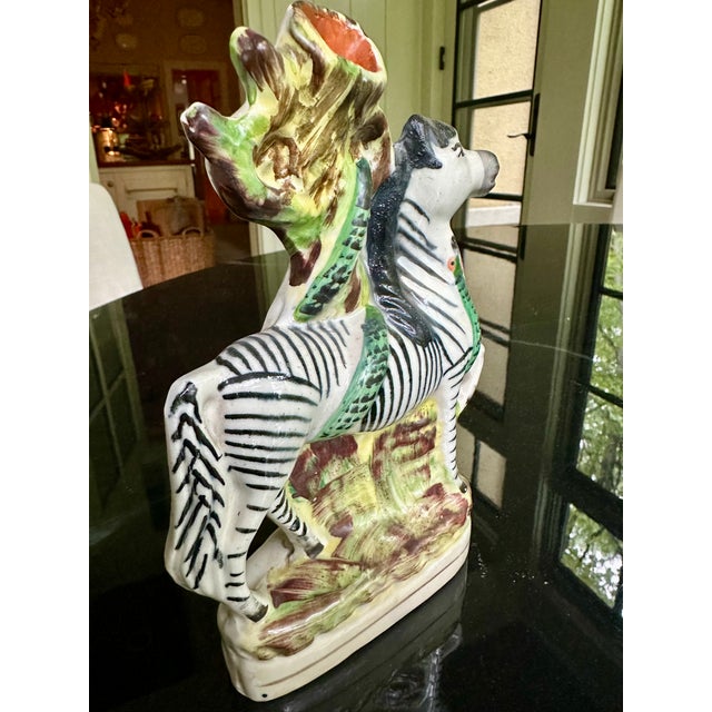 Exotic Pair Antique English Stafffordshire Zebras With Serpentines, 19th Century, For Sale - Image 4 of 14