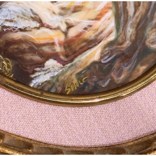 Red Pair Mid-Century French Painted Genre Scene Oval Glass Pendants in Gilt Frames For Sale - Image 8 of 11