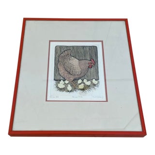 1990s Framed Susan Hunt Wulkowicz Hen & Chick Hand Colored Art For Sale