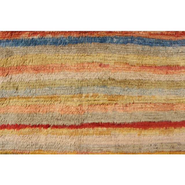 Mid 20th Century Mid 20th Century Vintage Turkish Angora Tulu Rug With Stripe Design in Yellow, Green, Red & Blue For Sale - Image 5 of 12