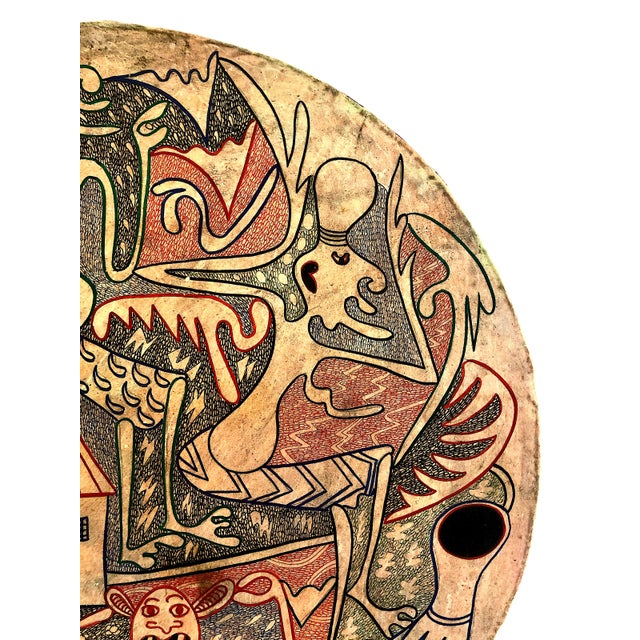 Tanzanian Spirits on a Painted and Carved Circular Wood Relief, Signed by George Lilanga For Sale - Image 4 of 9