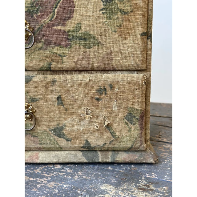 Tan Antique Floral-Printed Fabric Covered Tabletop Haberdashery Cabinet, Circa Early 20th Century For Sale - Image 8 of 17
