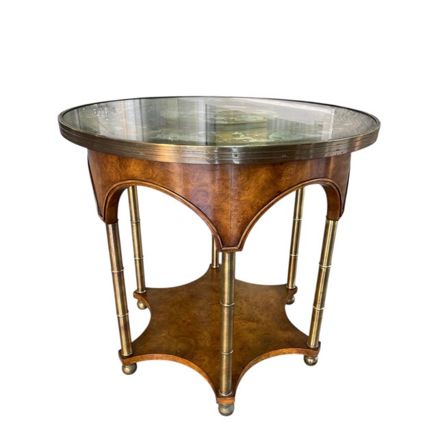 Vintage Art Deco Burl Wood & Églomisé Glass Accent Table With Brass Details For Sale - Image 4 of 12