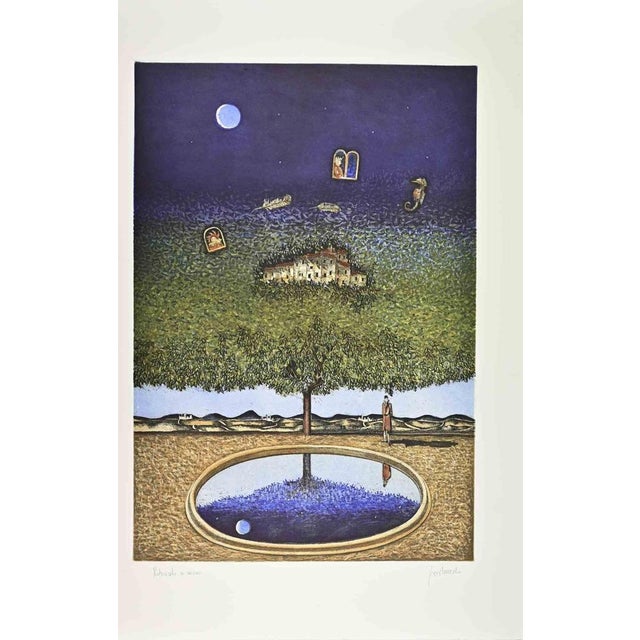 Color lithograph on paper. Hand signed. Artist Proof. Excellent condition. This poetic work by Franco Fortunato presents a...