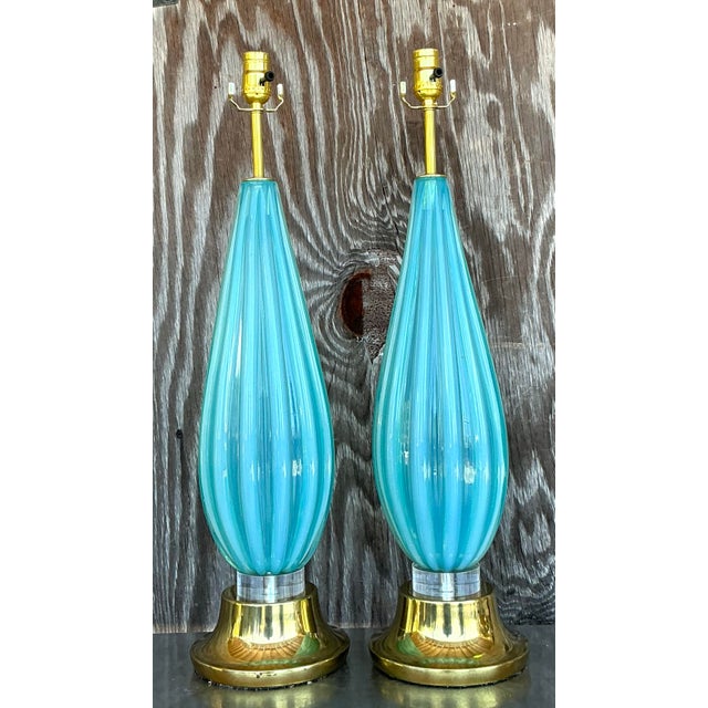 Turquoise Mid 20th Century Italian Turquoise Glass Lamps After Murano For Sale - Image 8 of 9
