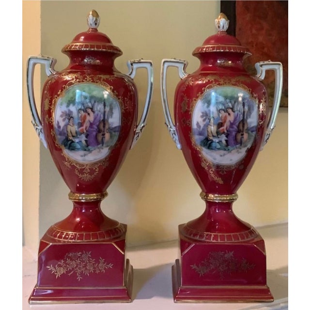 Noritake Vintage Pair of Noritake Porcelain Urns Hand Painted Red With Gold For Sale - Image 4 of 8