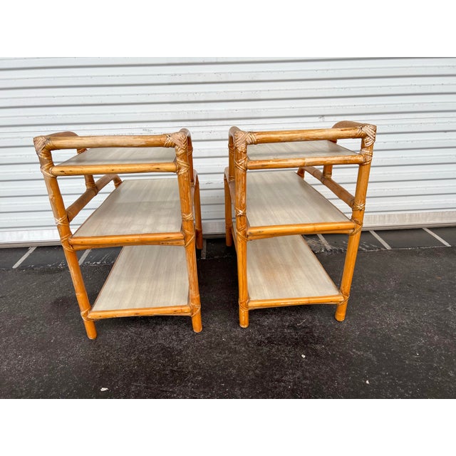 Wood Vintage Mid-Century Modern 3-Tier Bamboo & Rattan Side Tables - A Pair For Sale - Image 7 of 9