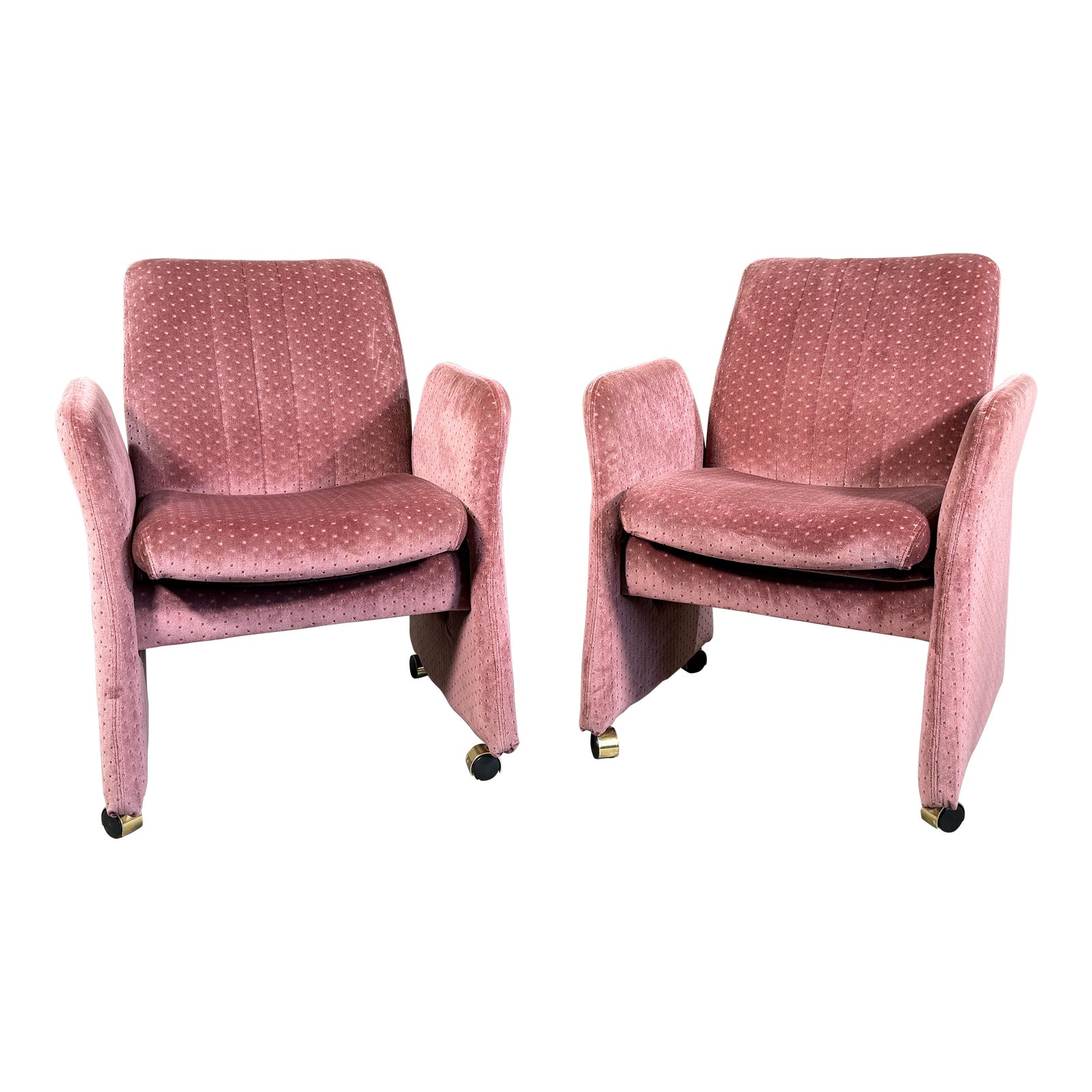 Vintage Mid Century Modern Chromcraft Velvet Upholstered Armchairs Pink Dot Pattern- A Pair