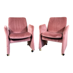 Vintage Mid Century Modern Chromcraft Velvet Upholstered Armchairs Pink Dot Pattern- A Pair