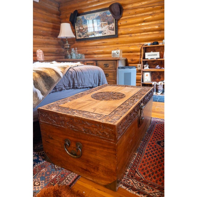 Chinese Antique Chinese Hand-Carved Camphor Wood Blanket Chest With Dragon Medallion & Original Brass Hardware For Sale - Image 3 of 9