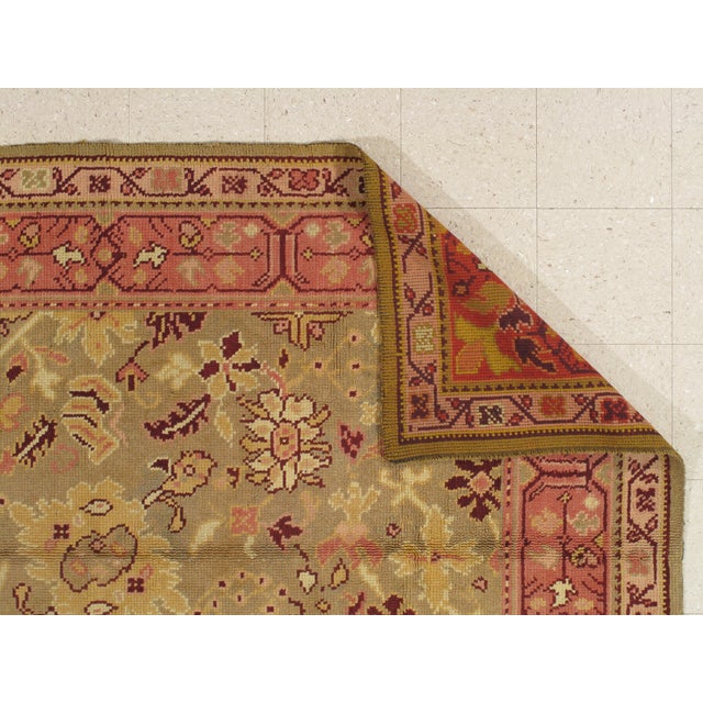 Early 20th Century Antique Oushak Carpet, Handmade Oriental Rug, Pale Green, Coral, Taupe and Cream For Sale - Image 5 of 16