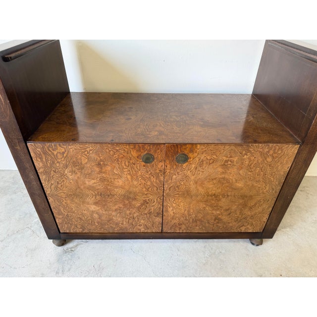 Mid-Century Modern Mid Century Milo Baughman Style Burlwood & Brass Bar Cart With Glass Top For Sale - Image 3 of 12