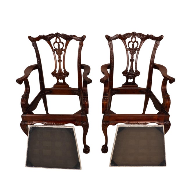 Pair Antique Chippendale Revival Carved Mahogany Ball & Claw Arm Chairs For Sale - Image 13 of 18