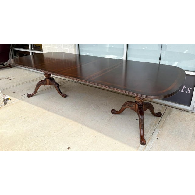 Drexel Heritage Drexel Heritage Banded Mahogany Double Pedestal Dining Table With Two Leaves For Sale - Image 4 of 17