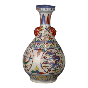 Chinese Vintage Ceramic Vase,Ming Dynasty Wanli Marked Blue and White Doucai Porcelain Vase Painted Dragon and Phoenix Pattern
