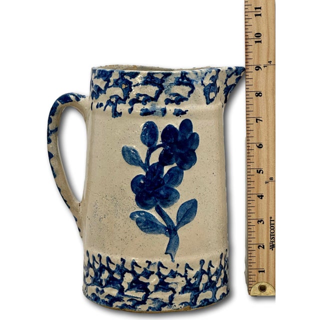 Unusual Antique American Blue Spongeware & Flower Decorated Stoneware Milk Pitcher Circa Late 19th Century For Sale - Image 16 of 18