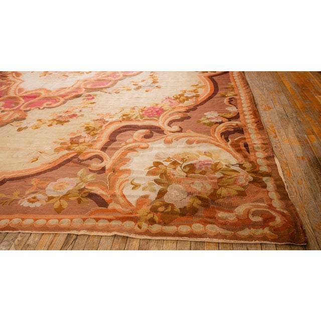 1850s Antique Beige Floral Medallion French Neoclassical European Aubusson Rug For Sale - Image 9 of 10