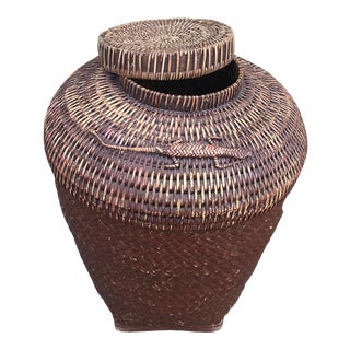 Vintage Hand Woven Lidded Basket With Lizard Motif For Sale