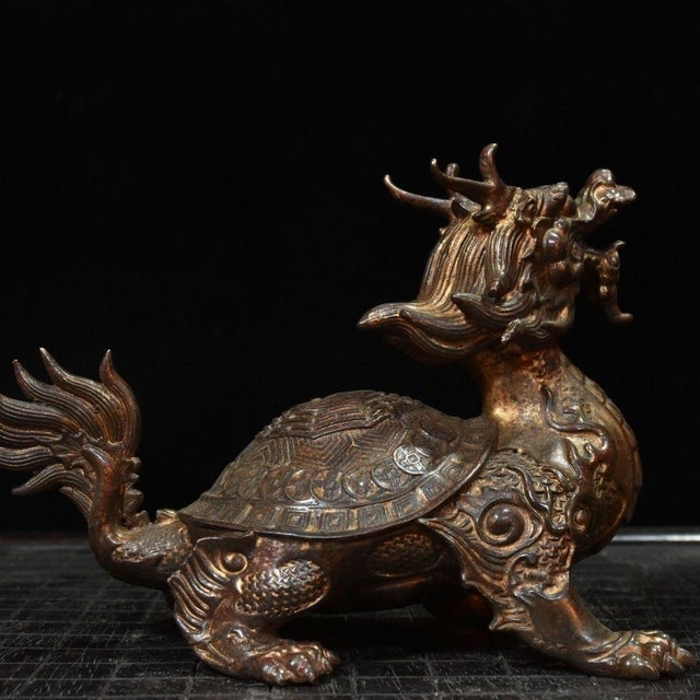 Traditional Late 19th Century Gilt Bronze Dragon Turtle Statue With Bagua Shell, 1.4kg For Sale - Image 3 of 9