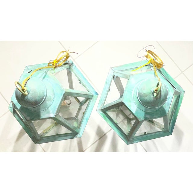 Exquisite Pair of Vintage Solid Brass Hexagonal Hanging Lanterns - 24” X 16” For Sale - Image 14 of 16