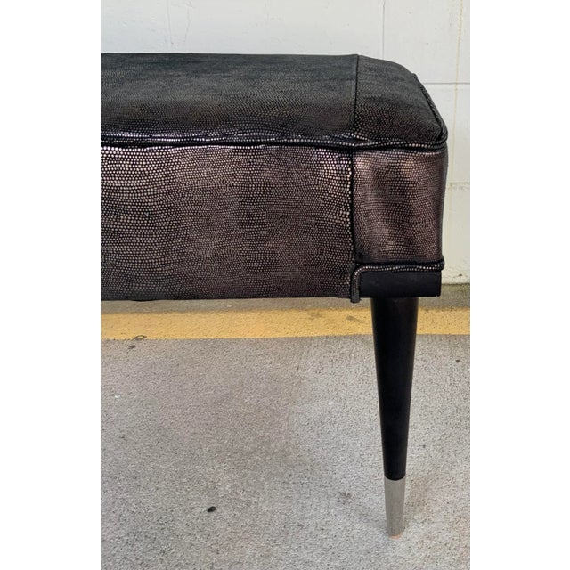 Original Retail $6000, Caracole Couture Modern Bronze Faux Shagreen Leather Bench, dark brown wood legs adorning silver...