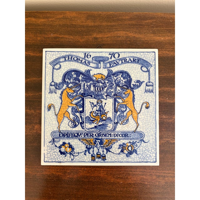 Delft Dutch Delft Blue and White Porcelain Tiles With Heraldic Coat of Arms, Pair For Sale - Image 4 of 6