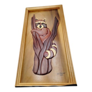 1960s Intarsia Raccoon Woodland Wall Hanging For Sale