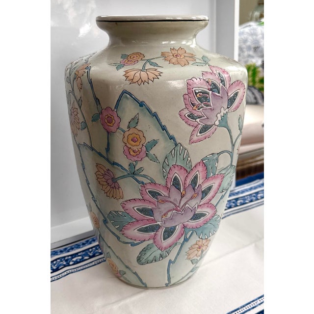 Chinoiserie Chinese Cabbage Rose Hand Painted Chinoiserie Vase For Sale - Image 3 of 11