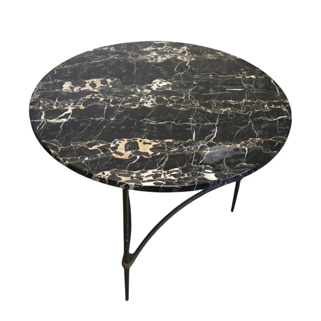 1970s Italian Black Marble Cocktail Table With Patinated Mixed-Metal Tripod Base For Sale In Raleigh - Image 6 of 9