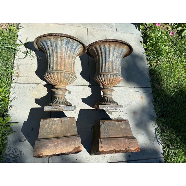 Late 20th Century Neoclassical Cast Iron Urns on Plinths - A Pair For Sale - Image 9 of 12