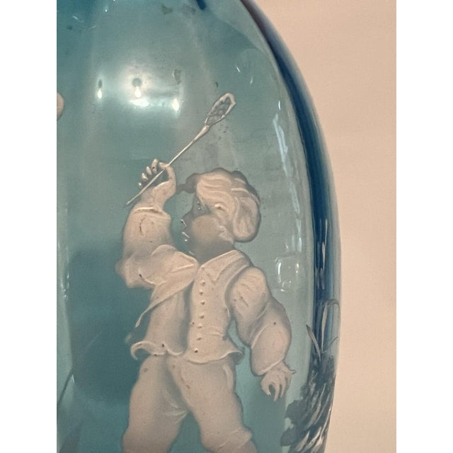 Blue Glass Vase, White Enamel, Child Boy Playing, Mary Gregroy, Hand Painted, Antique Victorian For Sale - Image 9 of 9