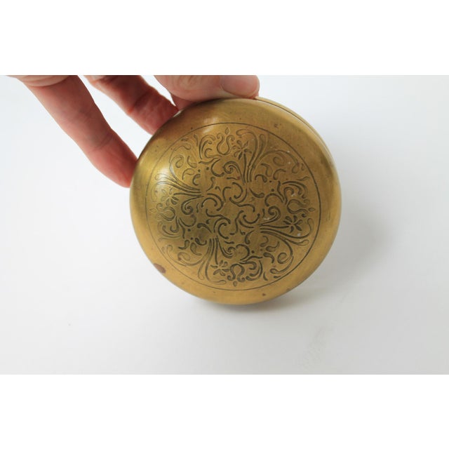 Vintage Glass Vanity Jar W/ Etched Brass Lid For Sale In Milwaukee - Image 6 of 7