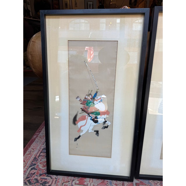 Black Vintage Pair of Paintings on Silk- Samurai on Horseback For Sale - Image 8 of 12
