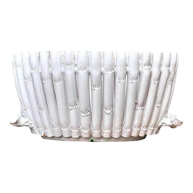 Vintage White Ceramic Bamboo Basket For Sale