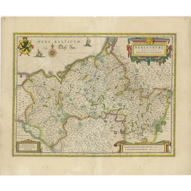 Antique map titled 'Meklenburg Ducatus'. Attractive map of northern Germany, showing the area of Mecklenburg-Vorpommern....