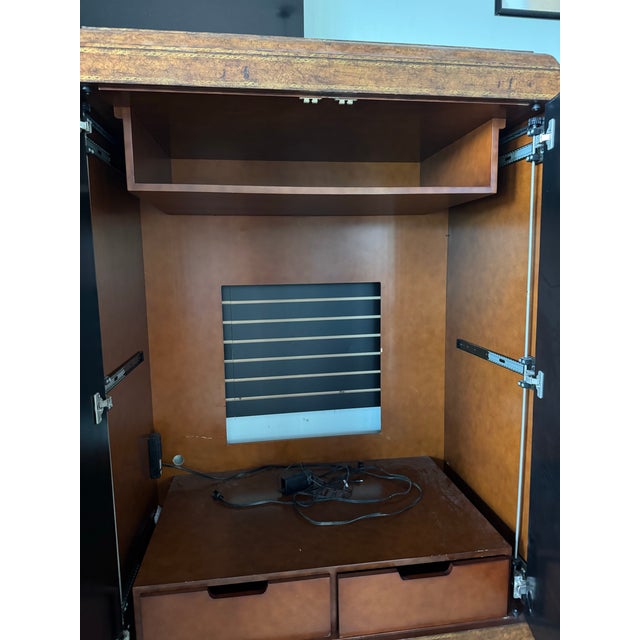 Late 20th Century Vintage Maitland-Smith Embossed Leather & Lacquer Armoire / Bar Cabinet For Sale - Image 5 of 11