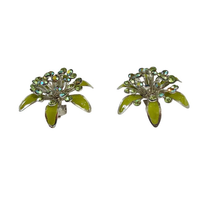 Metal Vintage Green Enamel and Aurora Borealis Rhinestone Earrings For Sale - Image 7 of 8