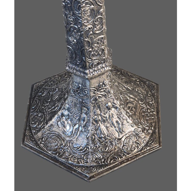 Victorian Antique Ornate Victorian Pair Repousse Tavern Dutch Scene Silverplate Derby Candlesticks Marked For Sale - Image 3 of 12