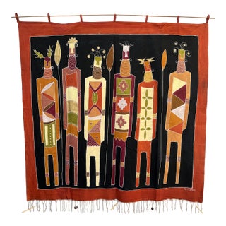 Large Hand-Painted Tribal African Wall Hanging Tapestry For Sale