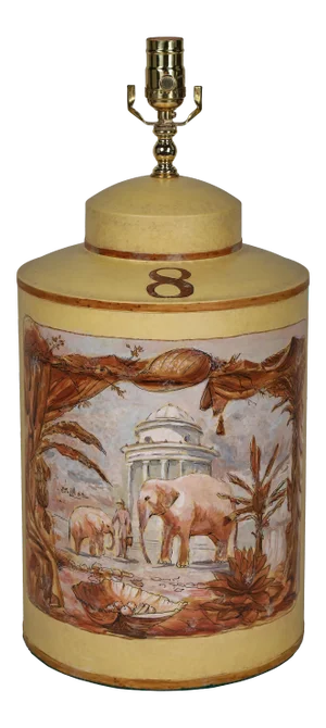 Vintage English Export Hand Painted Tea Caddy Lamp Elephants With Building