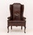 American Queen Anne Style Brass Nailhead Studded Brown Vinyl Upholstered Wingback Arm Chair, atop walnut cabriole legs,...