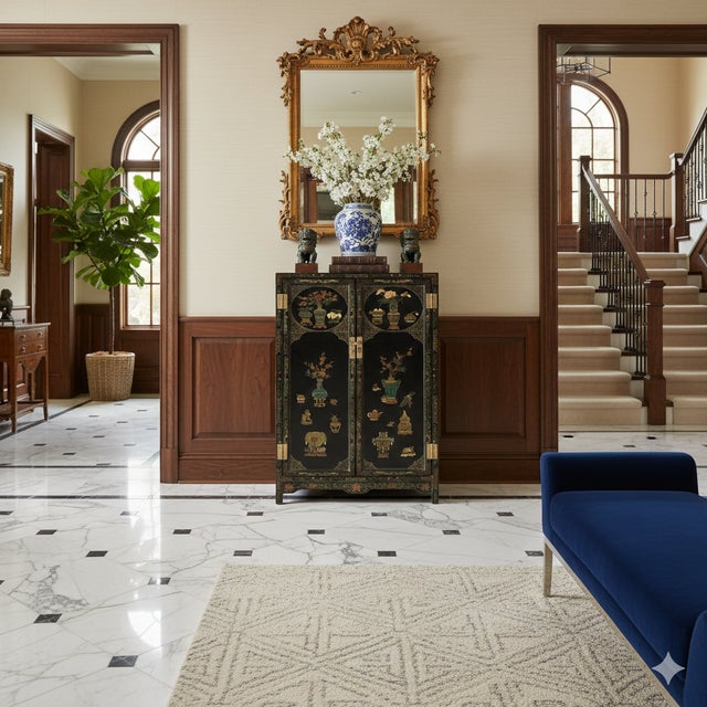 Vintage Oriental Black Lacquer Color Flower Vases Graphic Storage Cabinet For Sale - Image 11 of 11