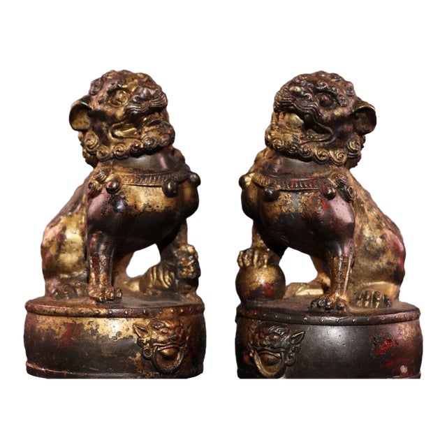 Pair Antique Chinese Gilt Bronze Foo Dog Guardian Lion Statues, Decorative Scholar’s Table Figurines For Sale