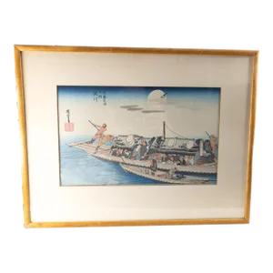 20th Century Japanese Ukiyo-E Woodblock Print "On the River Yodo" After Utagawa Hiroshige