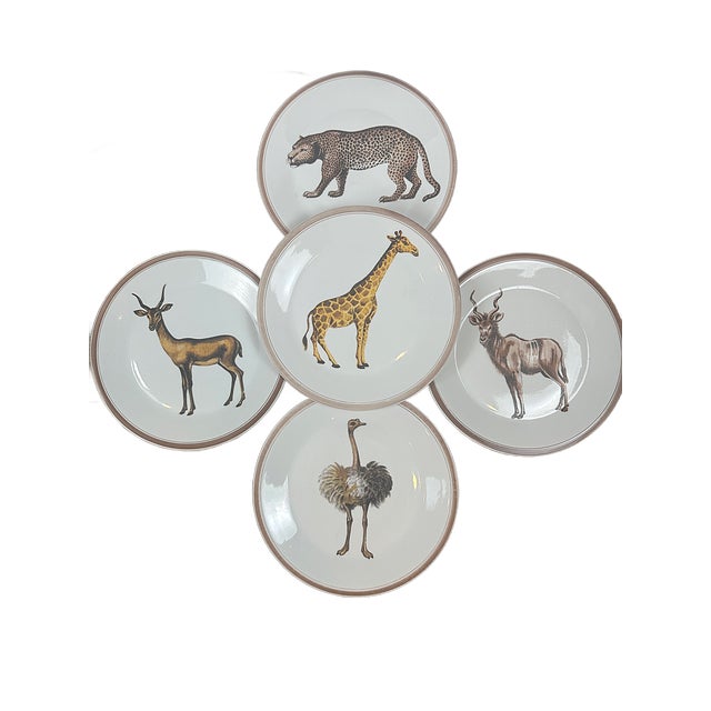 This is a very fun set of 5 exotic animal plates made produced for Mottahedeh by Vista Alegra in Portugal. These plates...